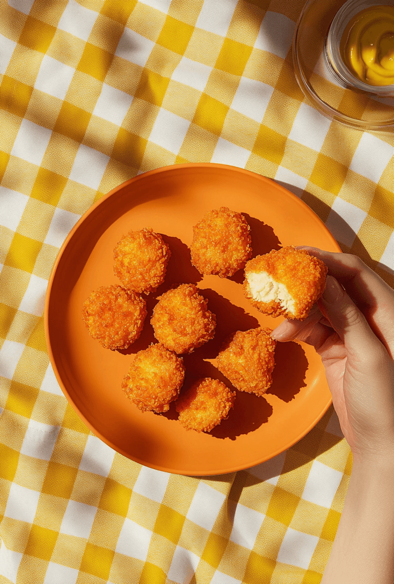 Top-down food photograph of crispy golden fried snacks served on an orange plate over a yellow-and-white checkered tablecloth, with a hand holding one piece.