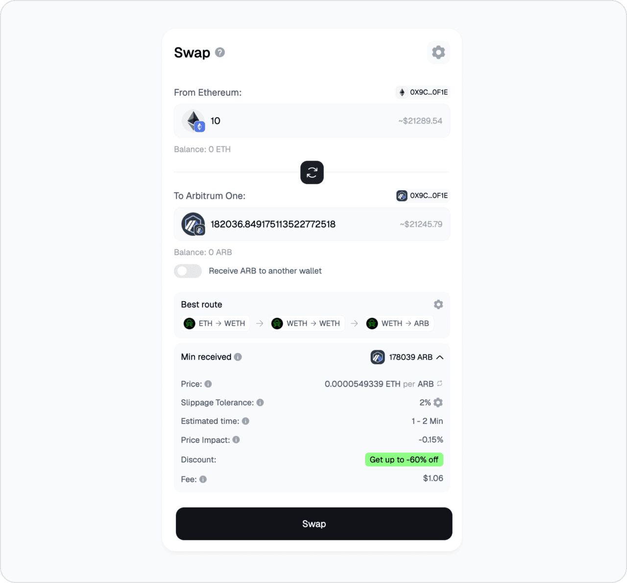 Live Symbiosis app screen — ETH to Arbitrum One bridge route with best-route preview, quote, and signing flow.