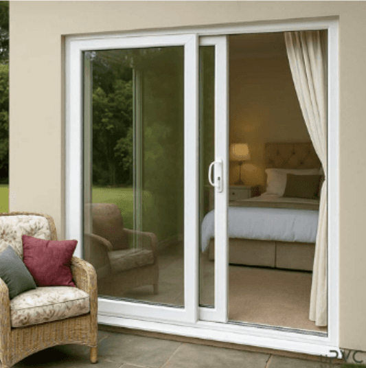 White uPVC sliding door connecting a bedroom to a patio, installed by Skillstech