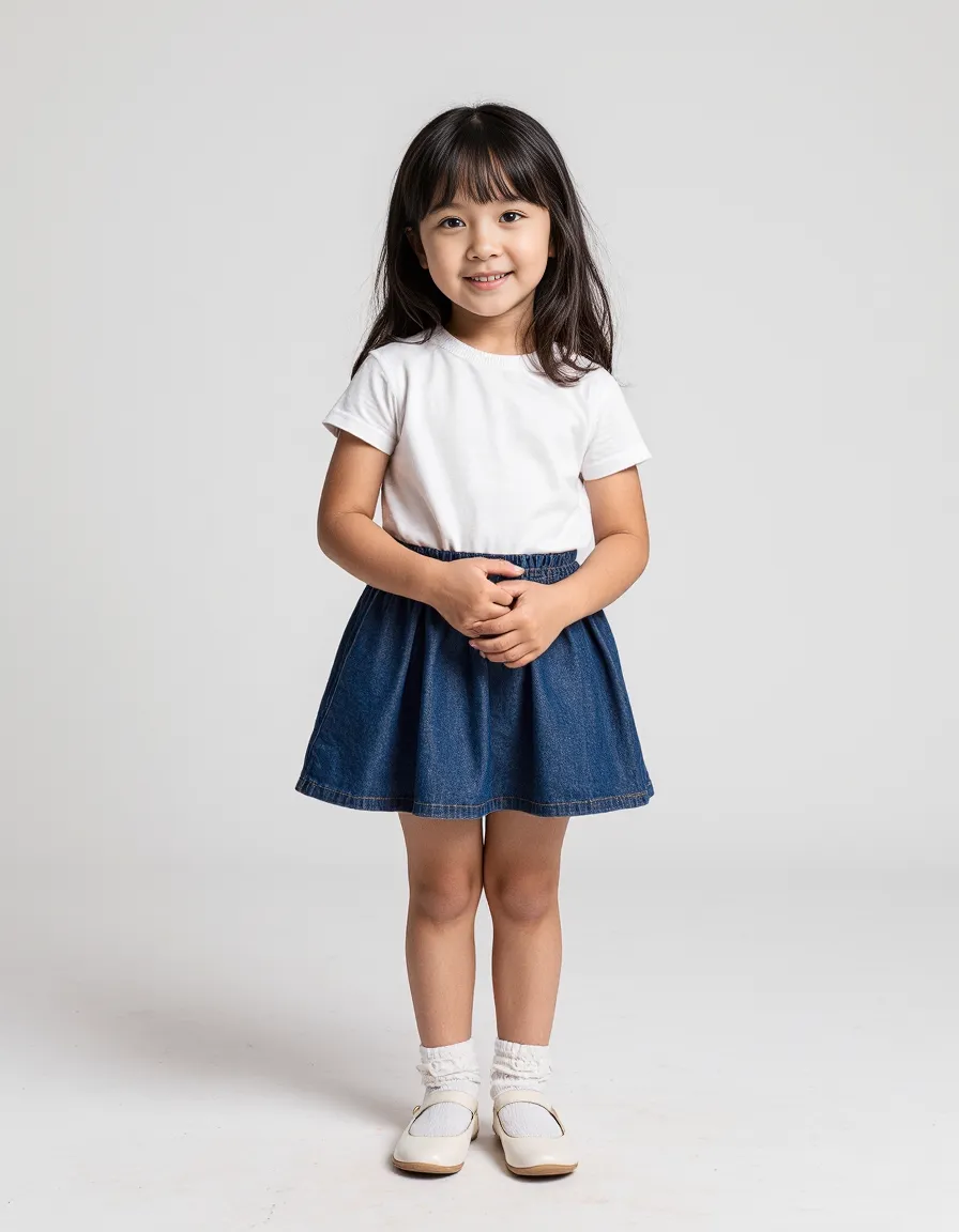 Child wearing white t-shirt with blue denim skirt against minimal light background, showcasing simple, elegant children's fashion