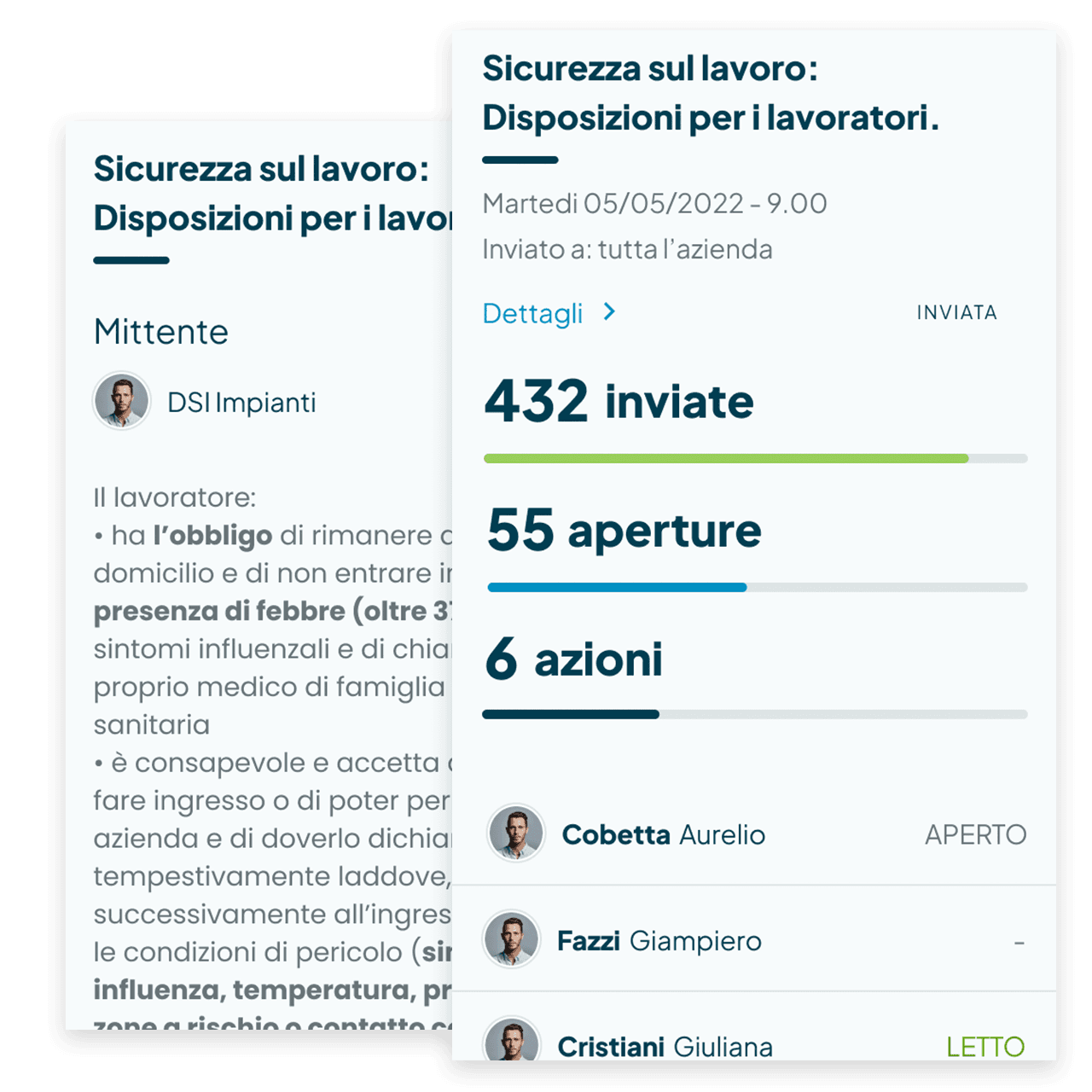 Interfaccia dell’app Fluida per l’invio di comunicazioni aziendali a team, con messaggi strutturati e tracciabilità della lettura.