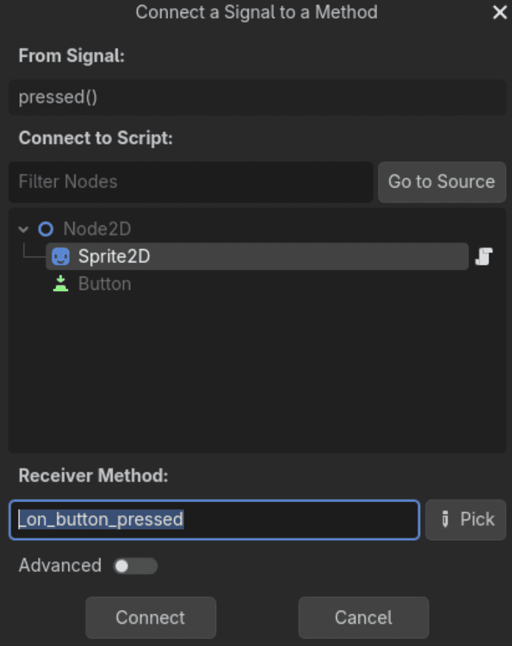 Godot signal connection dialog linking a Button’s pressed signal to a Sprite2D receiver method.