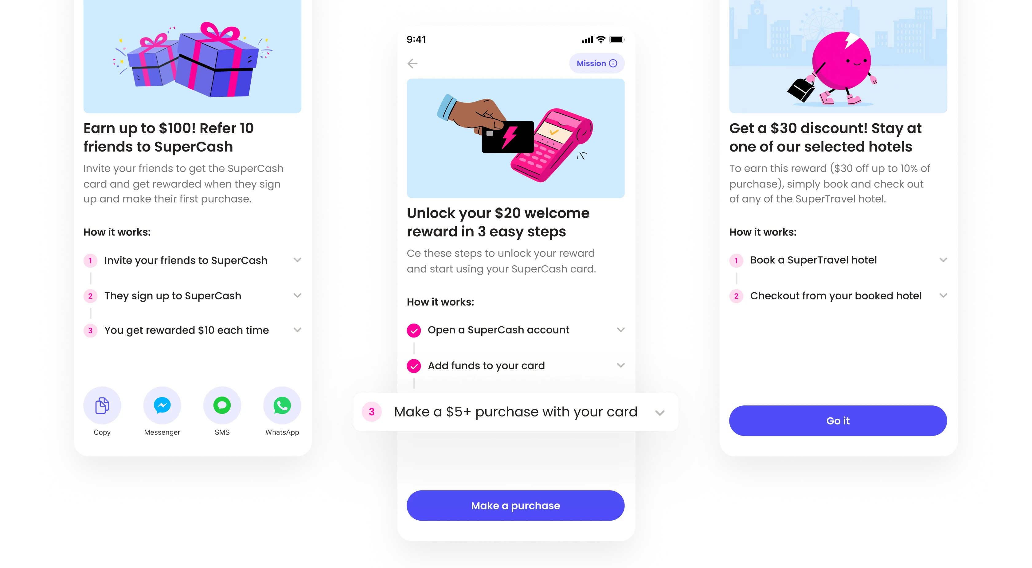 UI mockup of Super.com’s Missions showing three task-based rewards — refer friends, make purchases, and book hotels — illustrating the scalable design of the new mission-based rewards system.
