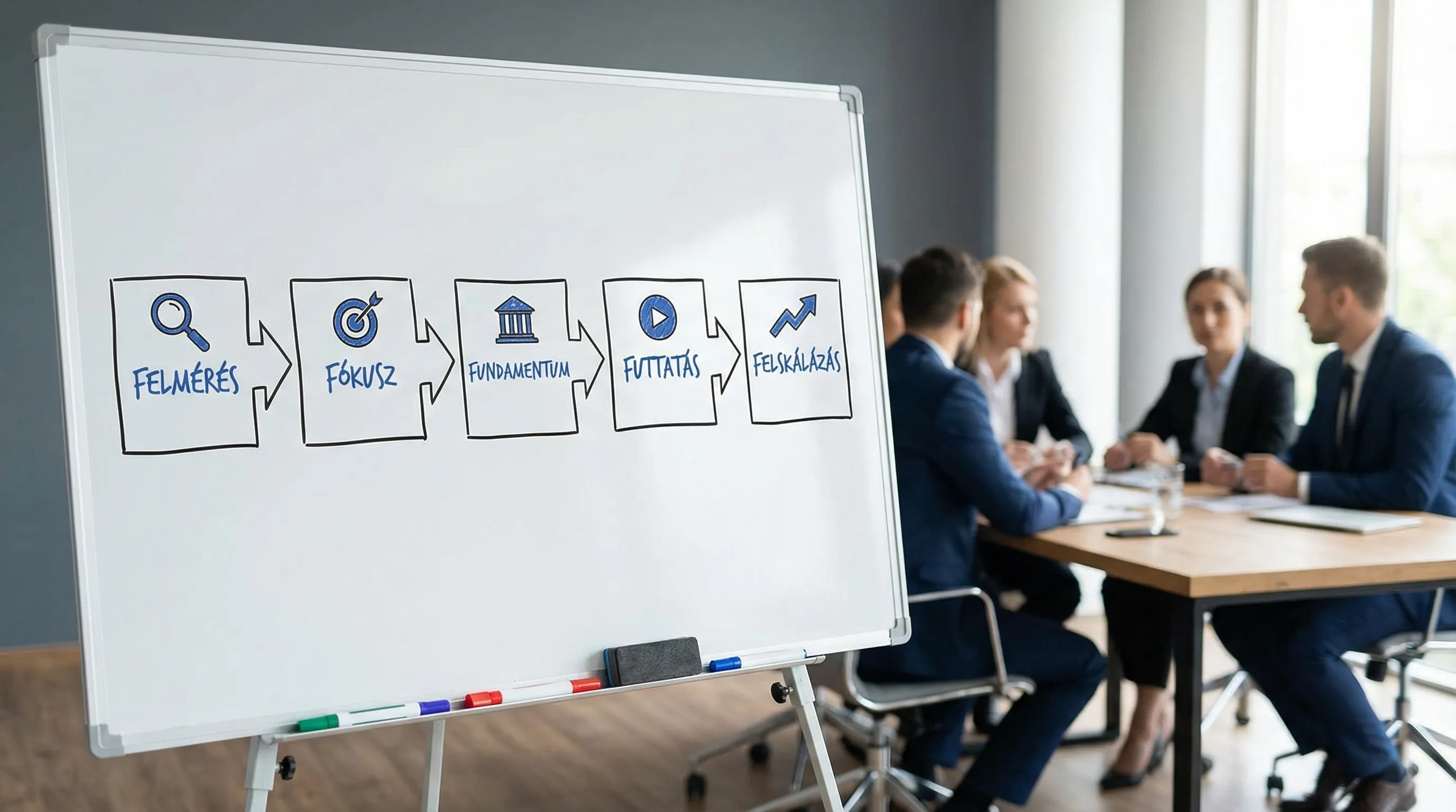 Egyszerű 5 lépéses vállalati digitalizációs keretrendszer ábra öt dobozzal és nyilakkal: Felmérés, Fókusz, Fundamentum, Futtatás, Felskálázás.