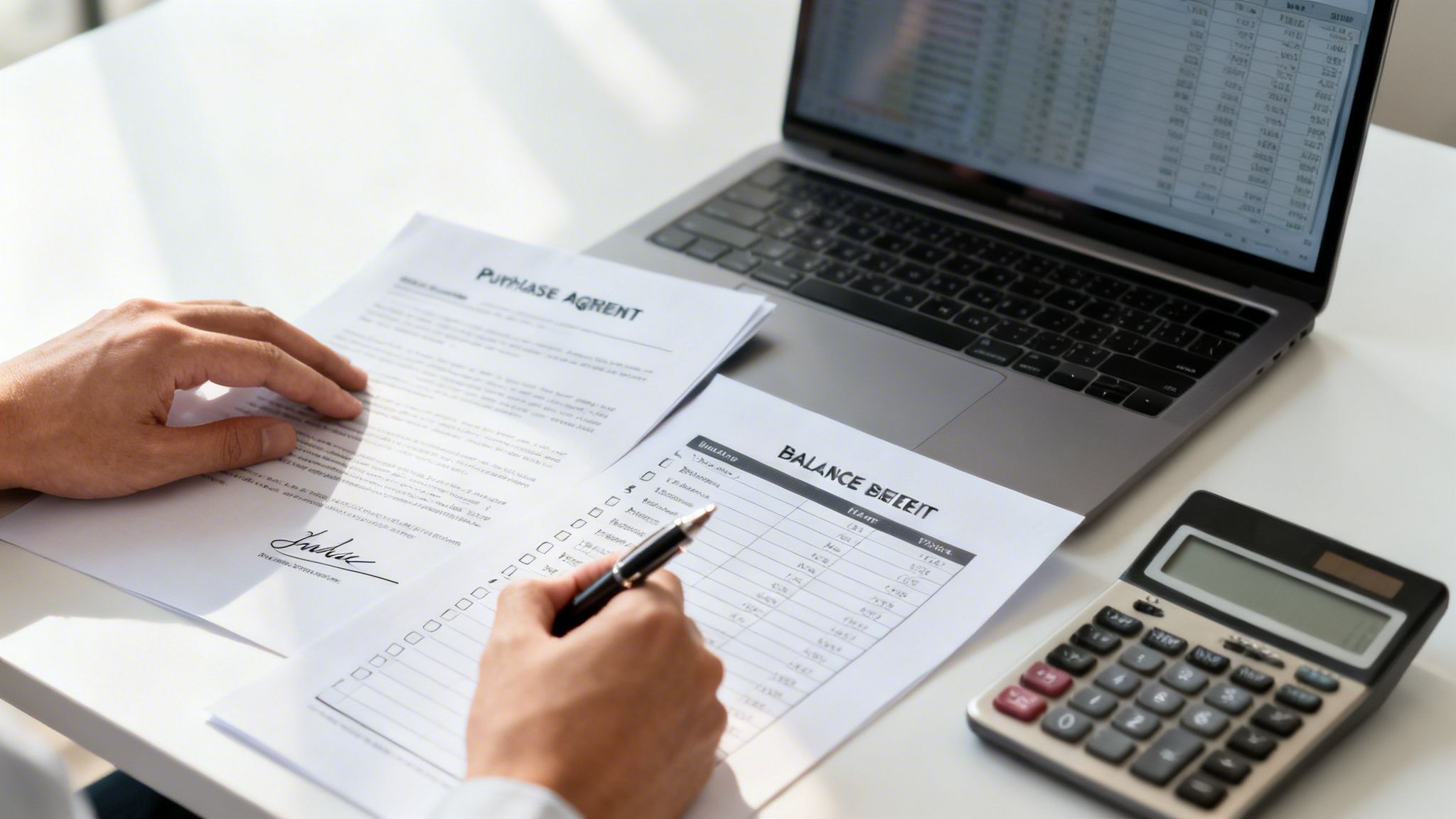 Person granskar finansiella dokument med laptop och miniräknare på ett skrivbord i solljus.