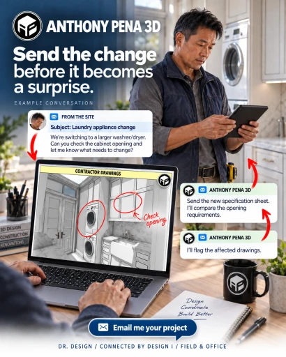 Illustrated contractor holding a tablet beside a laundry model with a stacked appliance opening circled.