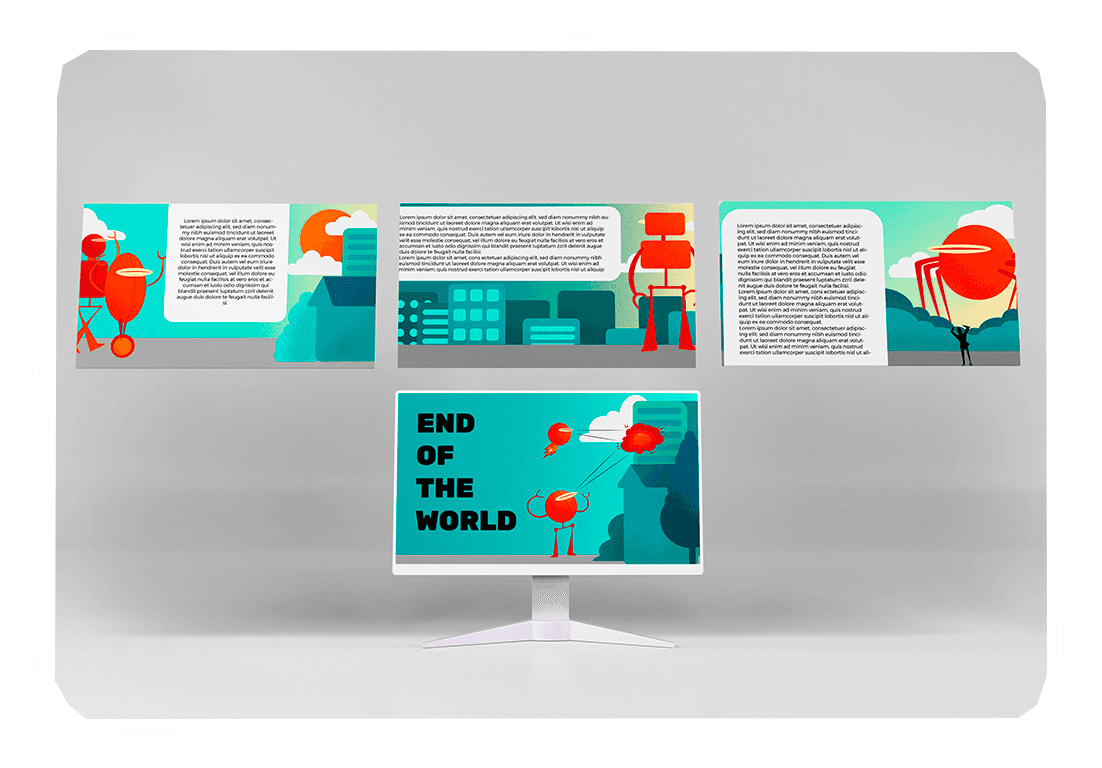 Articulate Storyline example with different slides showing customised illustrations of robots with written content