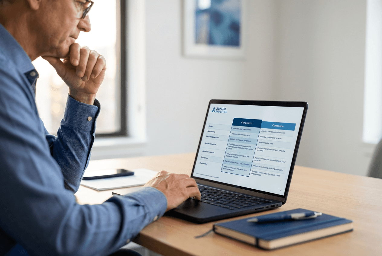 A professional at a tidy advisor desk studies a side-by-side comparison view on a laptop; close-up emphasizes hands and keyboard with soft natural window light to convey clarity and confident decision-making.