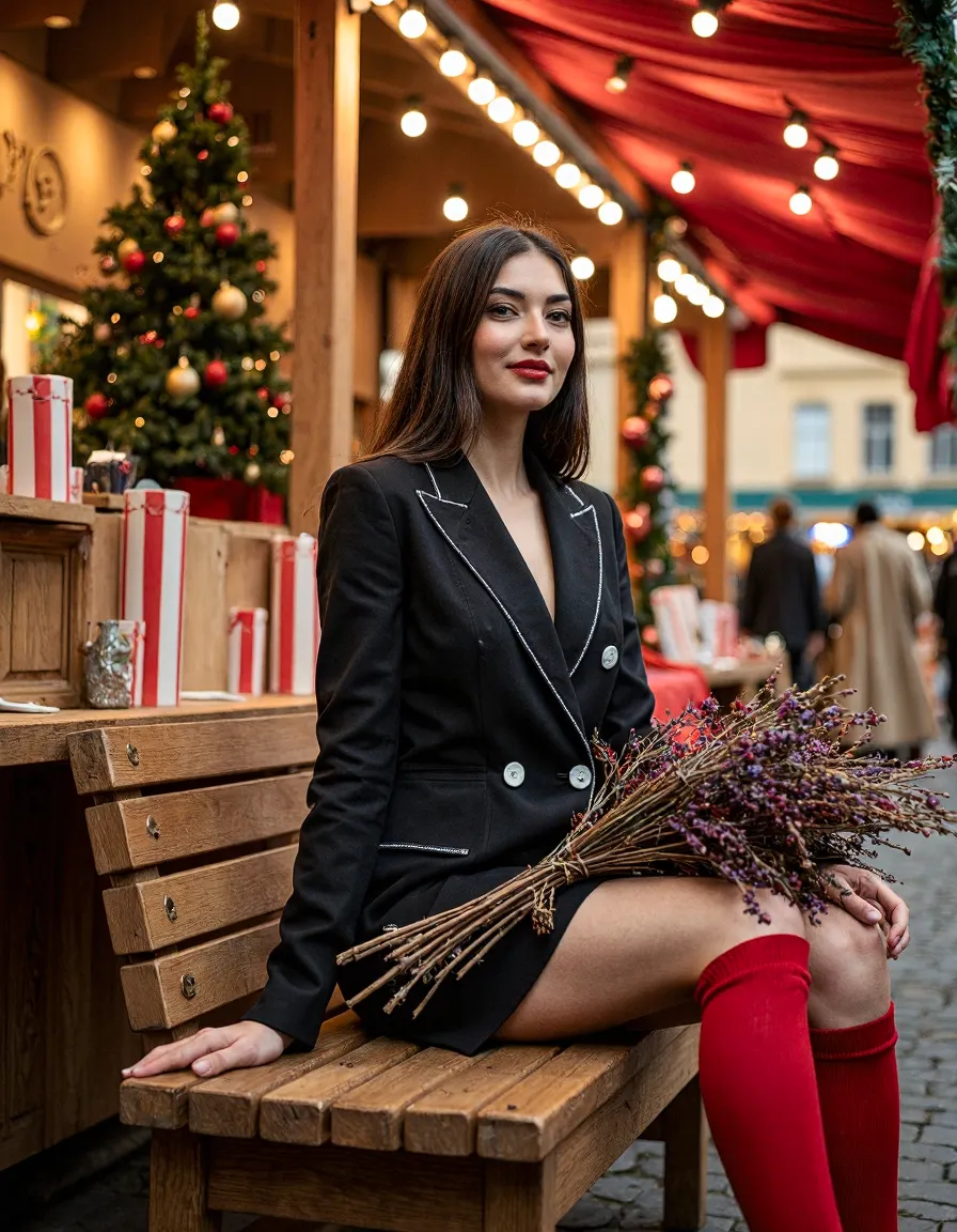 Woman in black blazer at festive Christmas market with decorated tree and red canopy, holding dried flowers