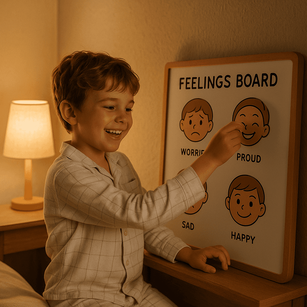 A child naming their feelings on the 'feelings board'