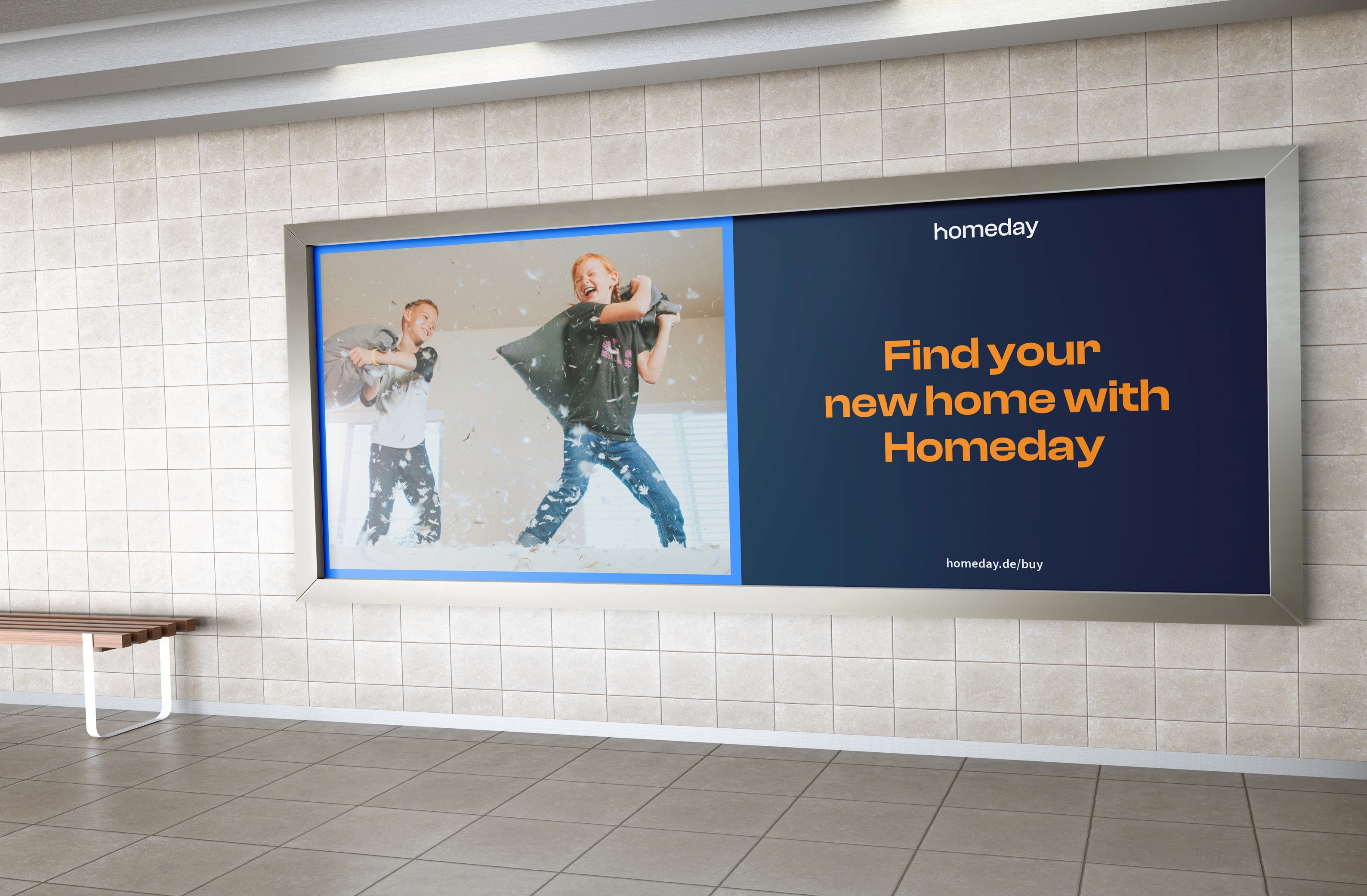 Digital advertisement featuring two children playing joyfully in a future home, promoting Homeday for finding new houses.
