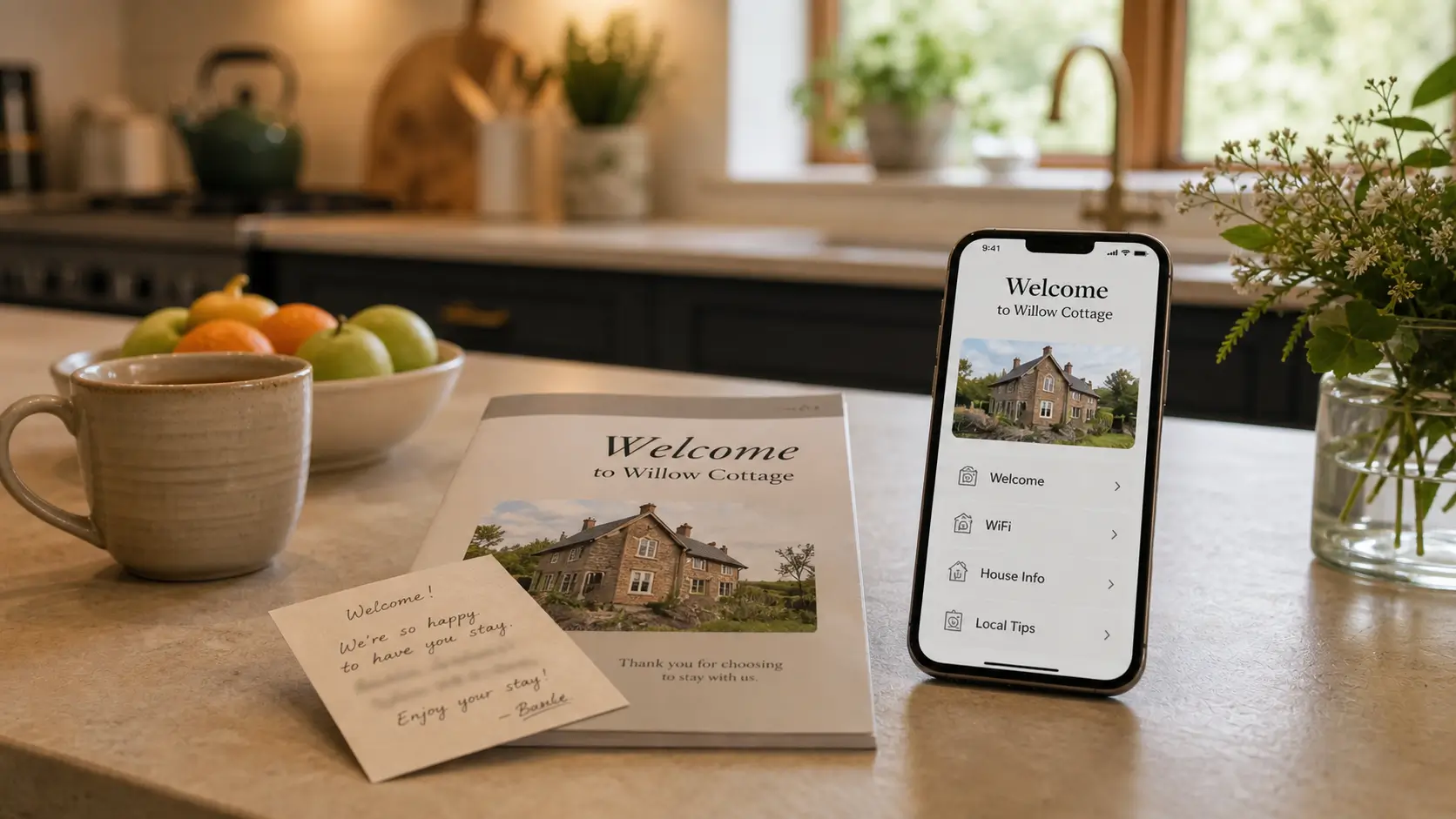 Printed Airbnb welcome book and note beside a phone showing the digital version.