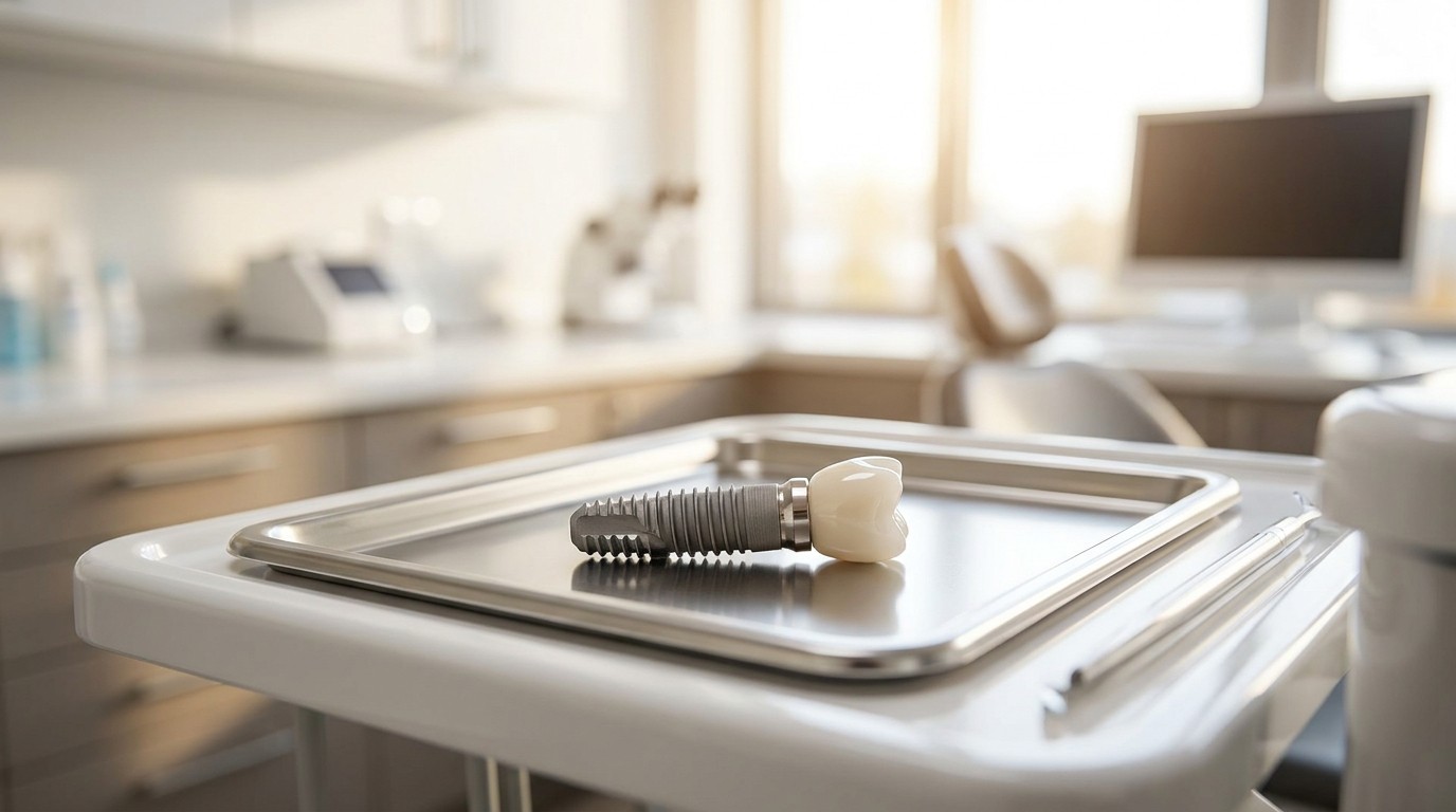 A titanium dental implant post displayed on a tray in a modern Smyrna dental office.