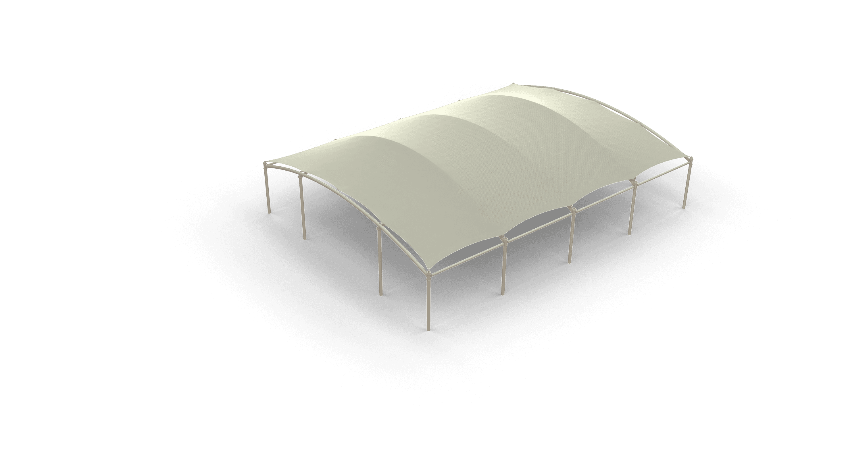 Isometric view: Roof construction on a frame with four curved, beige fabric panels.