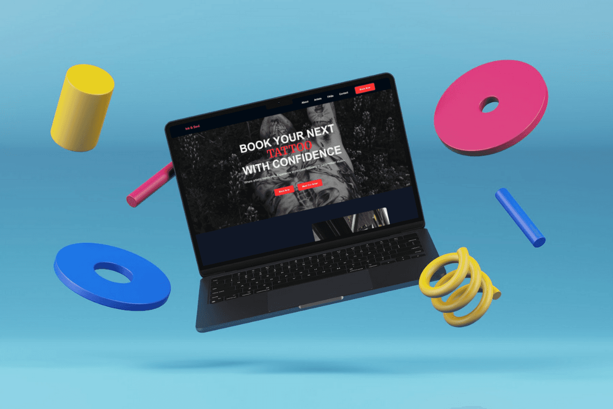 laptop mockup against a blue background with colorful spring and disc accents surrounding the laptop