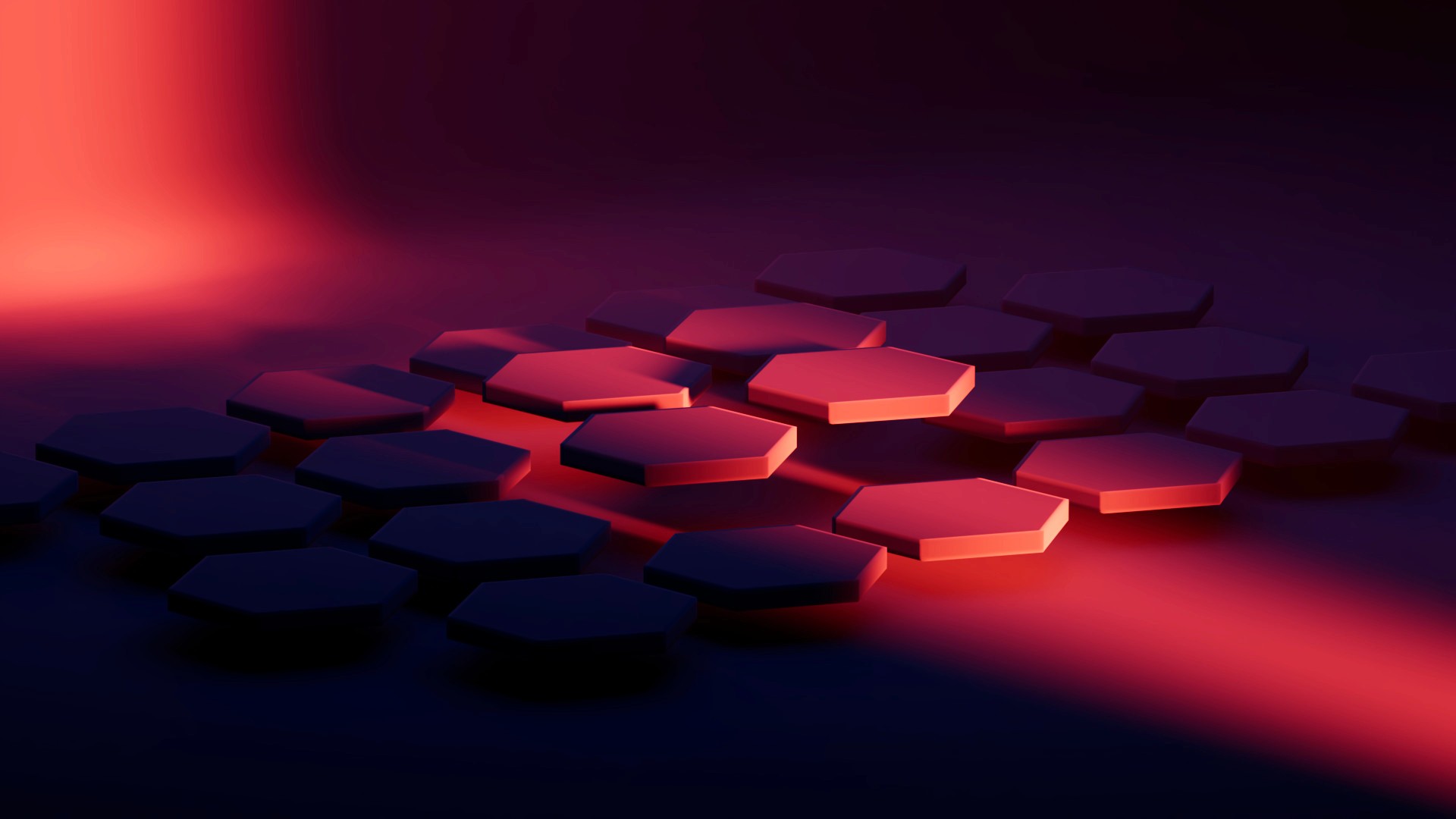 Hexagonal tiles in a dark environment, illuminated by red and orange glowing light, creating a futuristic and minimalist design.