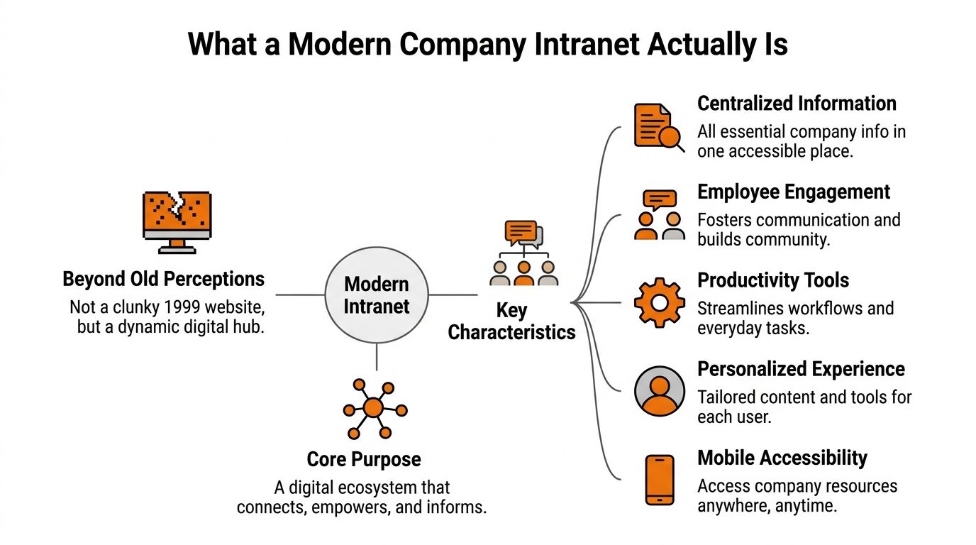 An infographic titled What a Modern Company Intranet Actually Is, detailing its core purpose and key characteristics.