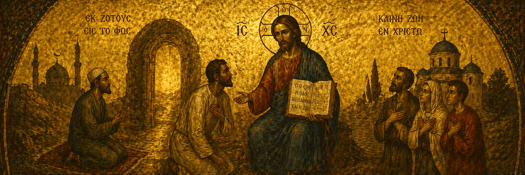 What happens when a Muslim follows Jesus illustrated in an Orthodox icon style showing a man turning to Christ and receiving new life