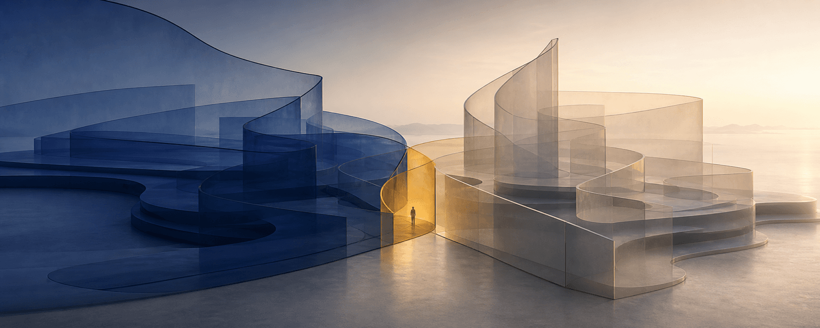 Two architectural systems overlapping around one person in a small shared zone.