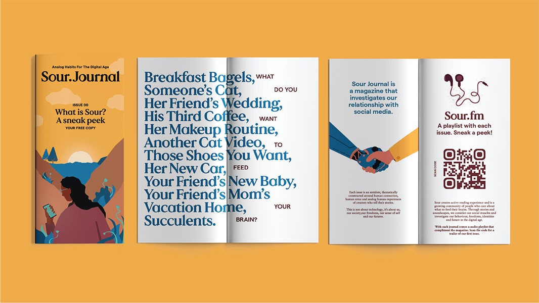 The image shows four distinct pages from the Sour.fm magazine, spread out on a solid orange background. The leftmost page is titled "Sour.Journal" and features an illustration of a person holding a cup against a yellow-orange gradient background with stylized mountains and a sun. The page contains text reading "Analog Habits For The Digital Age" and "ISSUE 00: A sneak peek! Your free copy." The adjacent page displays text in blue: "Breakfast Bagels, Someone's Cat, Her Friend's Wedding, His Third Coffee, Her Makeup Routine, Another Cat Video, Those Shoes You Want, Her New Car, Your Friend's New Baby, Your Friend's Mom's Vacation Home, Succulents." The next page is titled "What do you want" and features an image of two hands shaking. The rightmost page is labeled "Sour.fm" and includes a QR code, the text “A playlist with each issue. Sneak a peek!”, and a description: “Sour creates active reading experience and is a growing community of people who use Sour to connect and share ideas through humor, humor, humor, humor, humor, and something more. We consider our community our family — we don’t just talk about it. Through humor, fun, and humor, we connect in the digital age.” It also notes that Sour.fm is a media platform that compiles the magazine’s first issue.