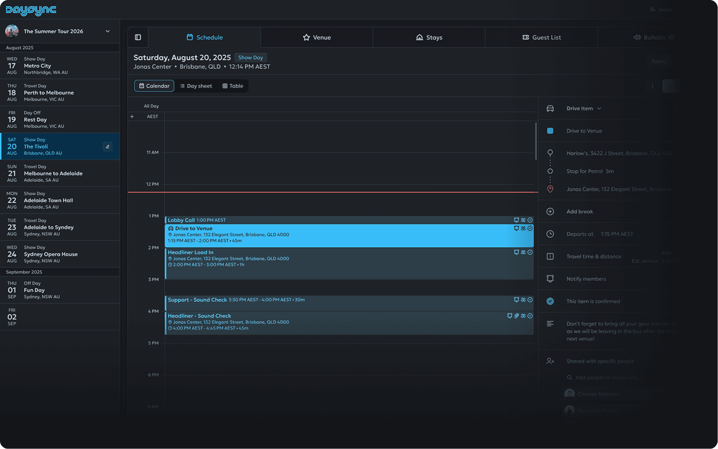 The DaySync tour management web app, showing the detailed 
