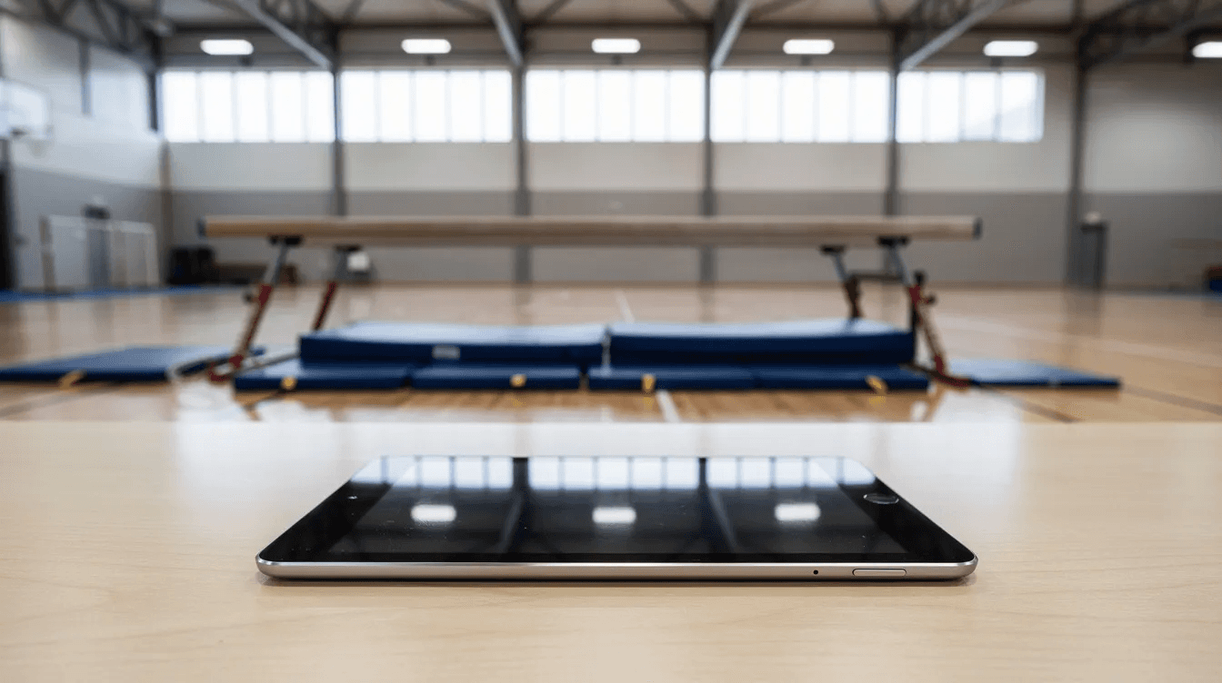 A tablet device is placed on a desk inside a gymnasium, with balance beams visible in the background, suggesting a space for gymnastics training and classes. This setting highlights the importance of gymnastics club management software for gym owners to efficiently manage classes, bookings, and member communication.