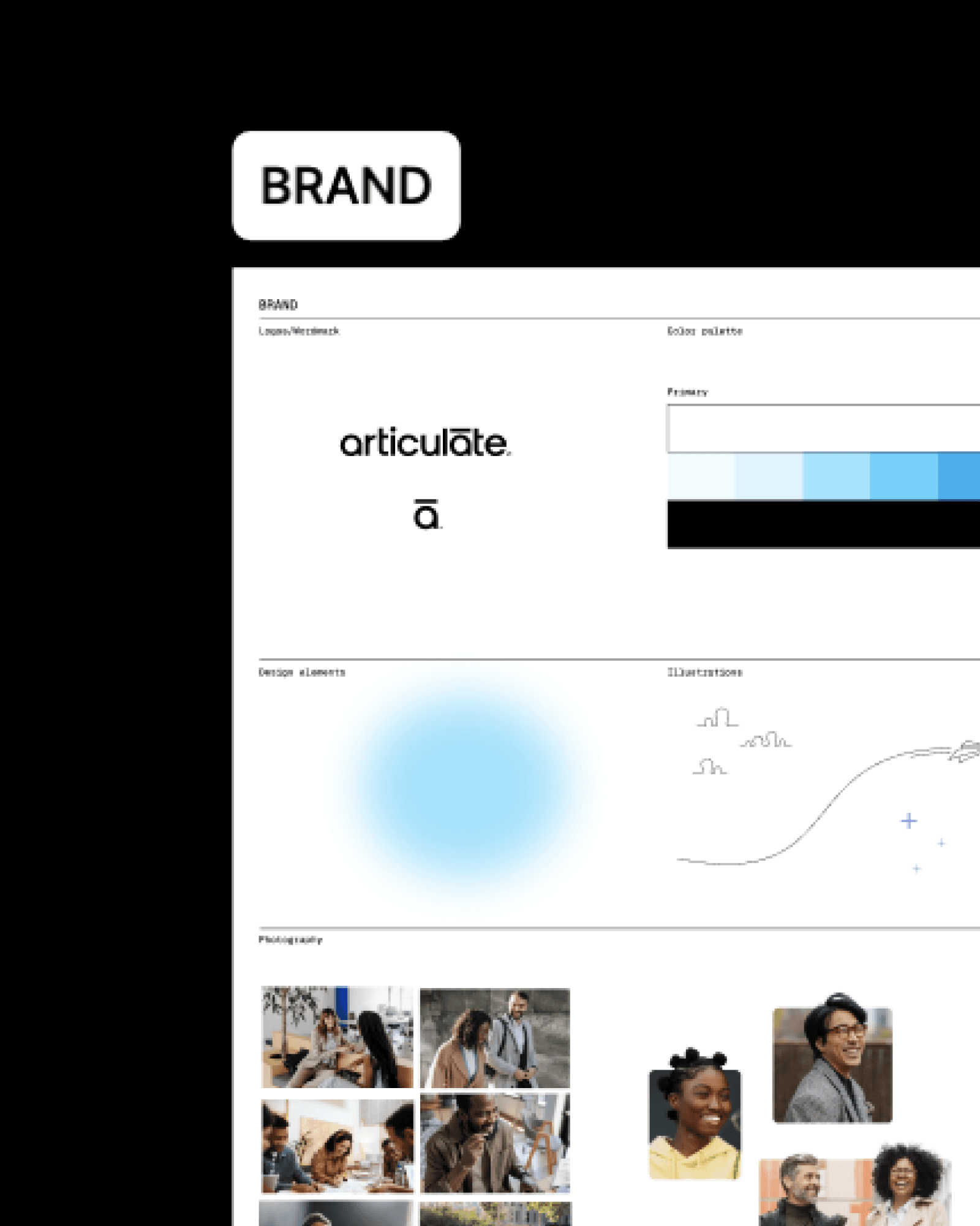 A page from the Corporate Events Playbook's brand section, outlining Articulate's logo, color palette, and approved photography style.