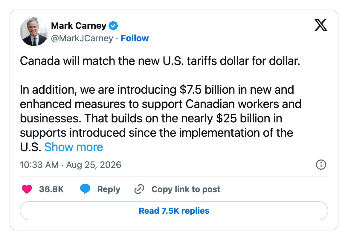 Mark Carney post on X announcing dollar-for-dollar counter-tariffs