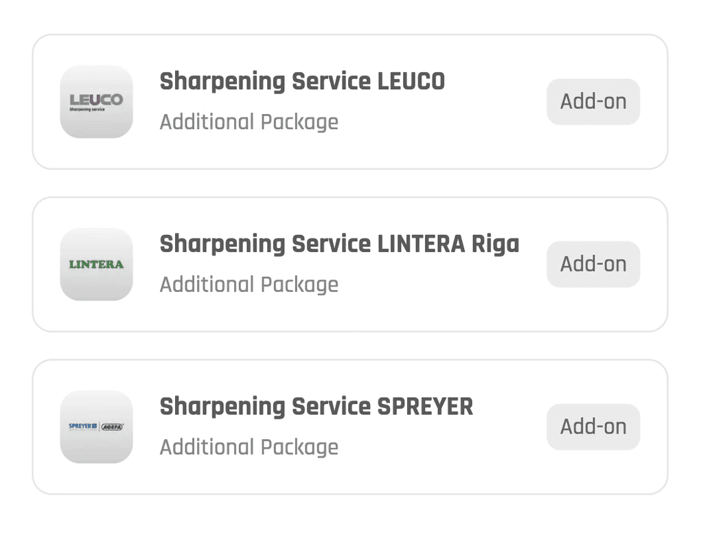 twinio Add-ons für Schärfservices von LEUCO, LINTERA Riga und SPREYER.