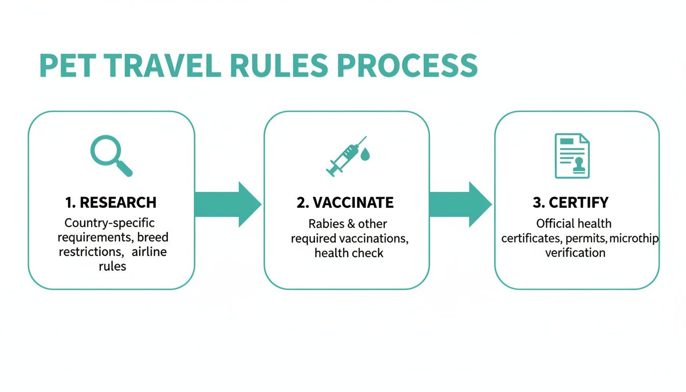 A diagram illustrating the three-step process for international pet travel rules: research, vaccinate, and certify.