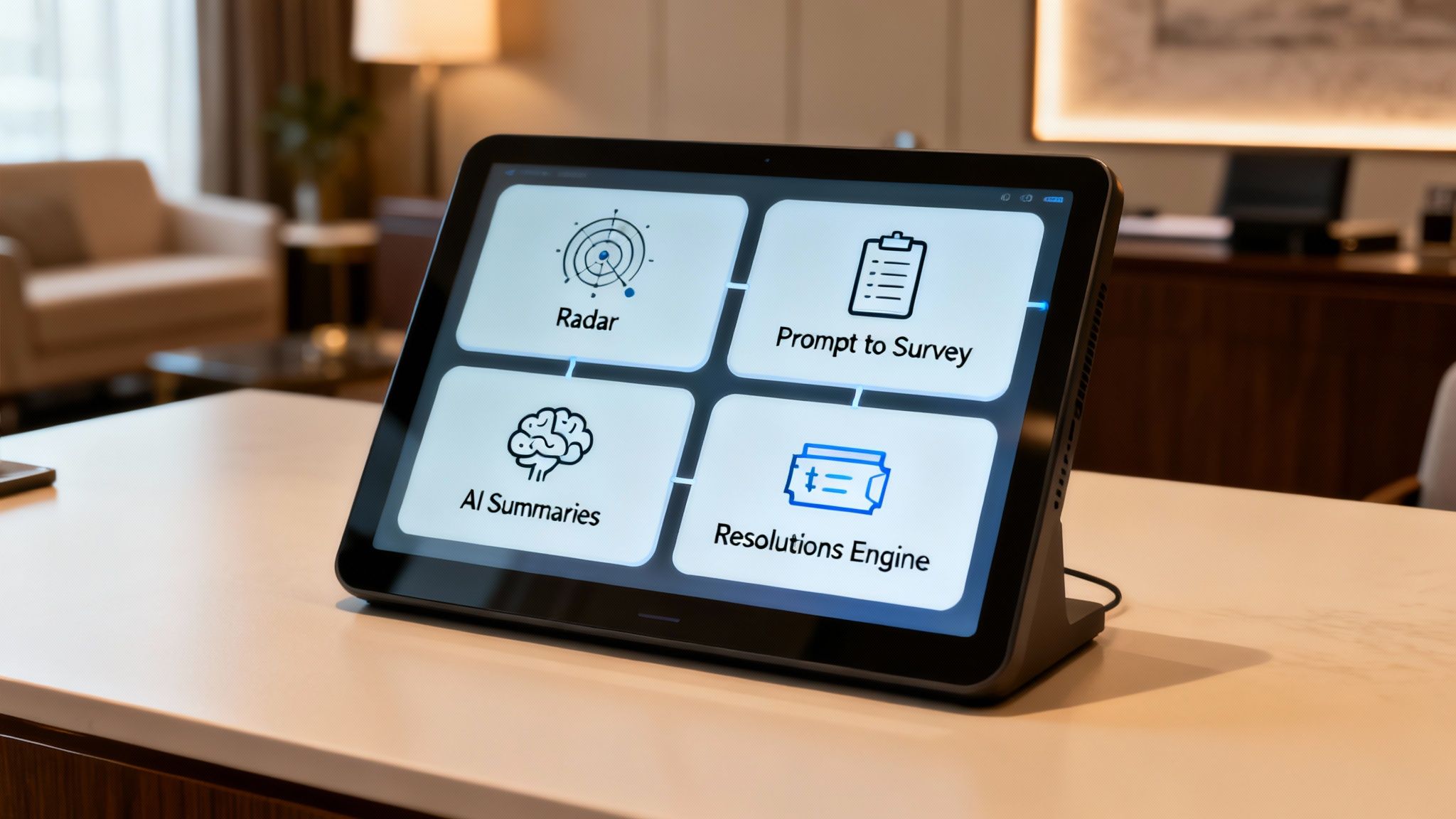 Tablet displaying customer feedback software icons for Radar, Prompt to Survey, AI Summaries, and Resolutions Engine.