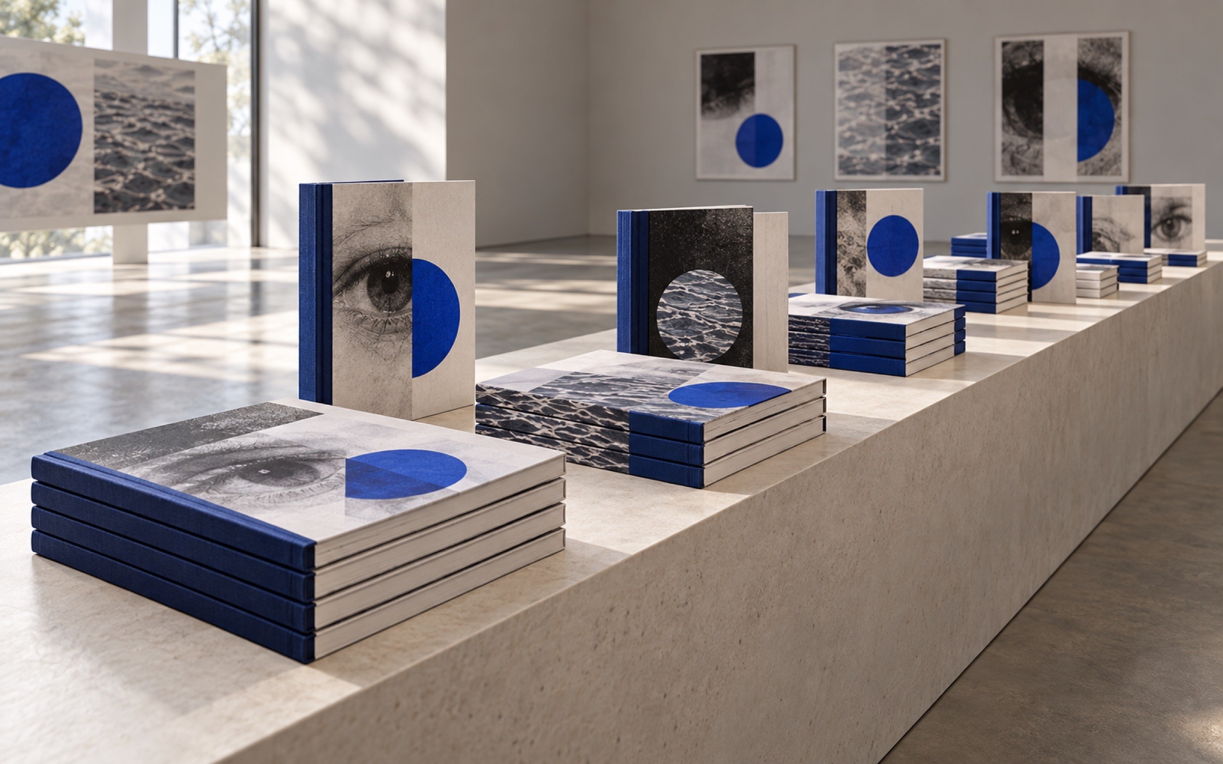 Cobalt artist books line a stone plinth in Manual for Looking