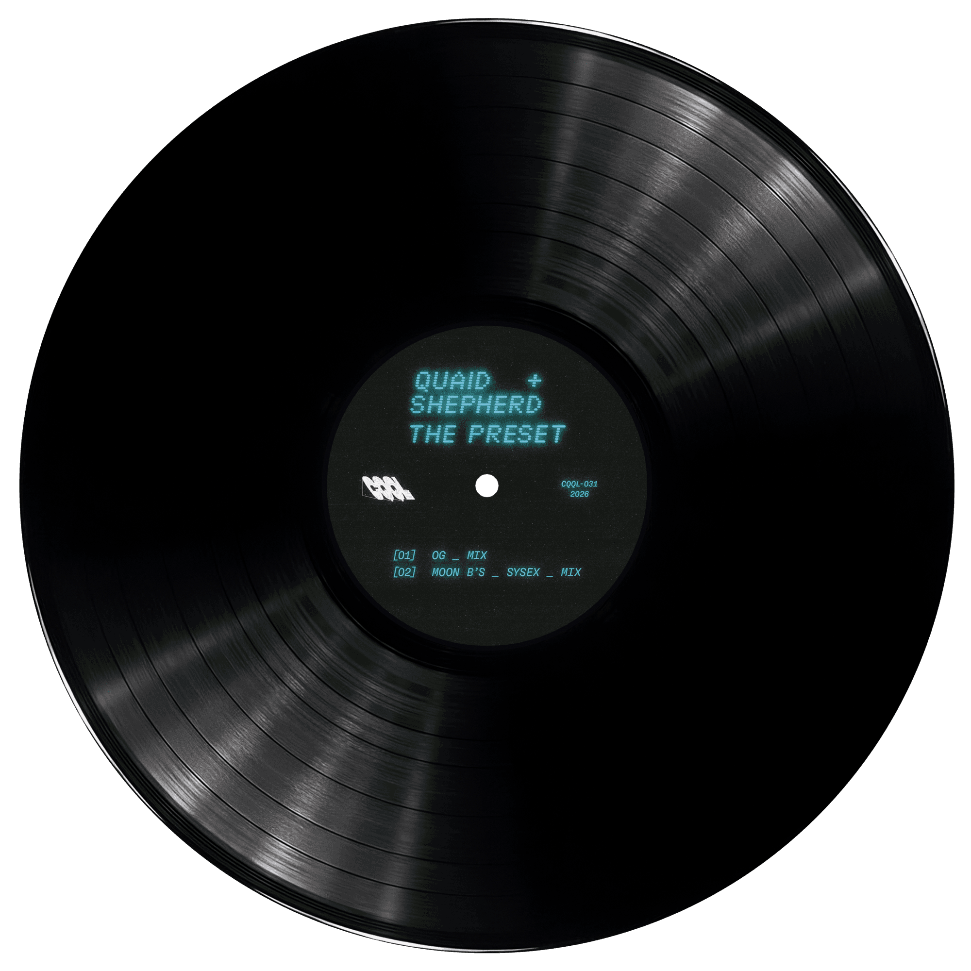 Black vinyl record with text on a white background