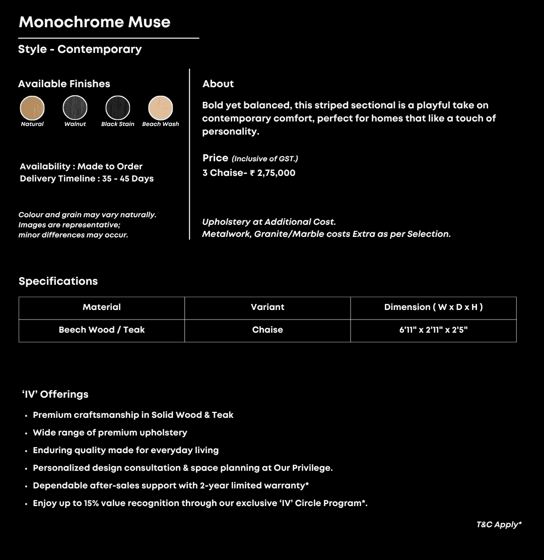 Black-and-white sectional with bold geometric lines.