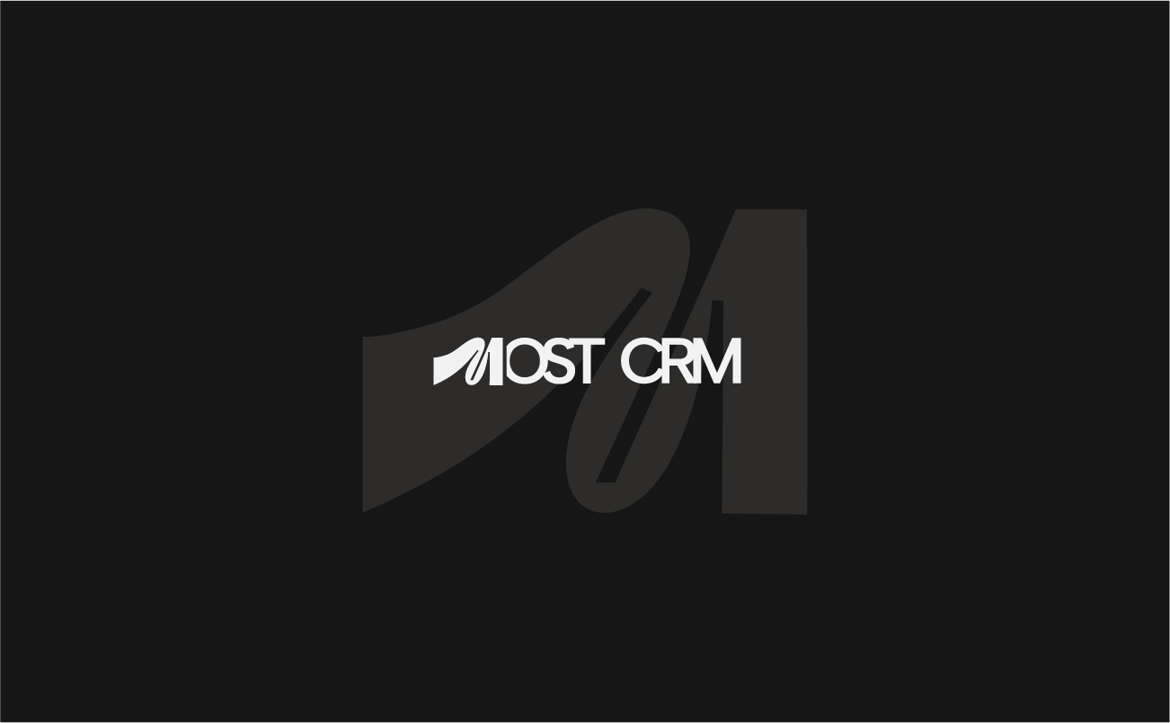 Comprehensive visual identity presentation for Most CRM, showcasing the blue bridge monogram, clinical typography, and the brand applied to a medical dashboard and mobile interface.