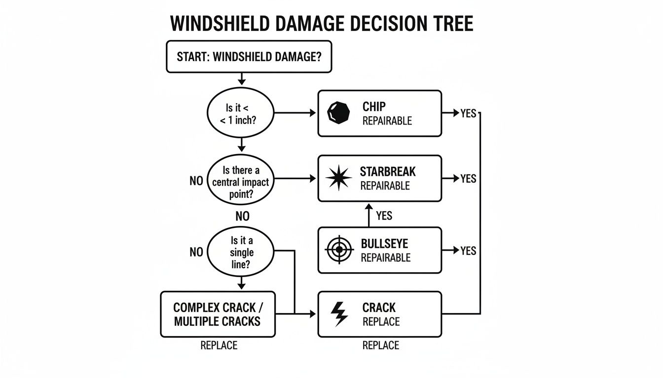 A flowchart detailing the decision-making process for repairing or replacing different types of windshield damage.