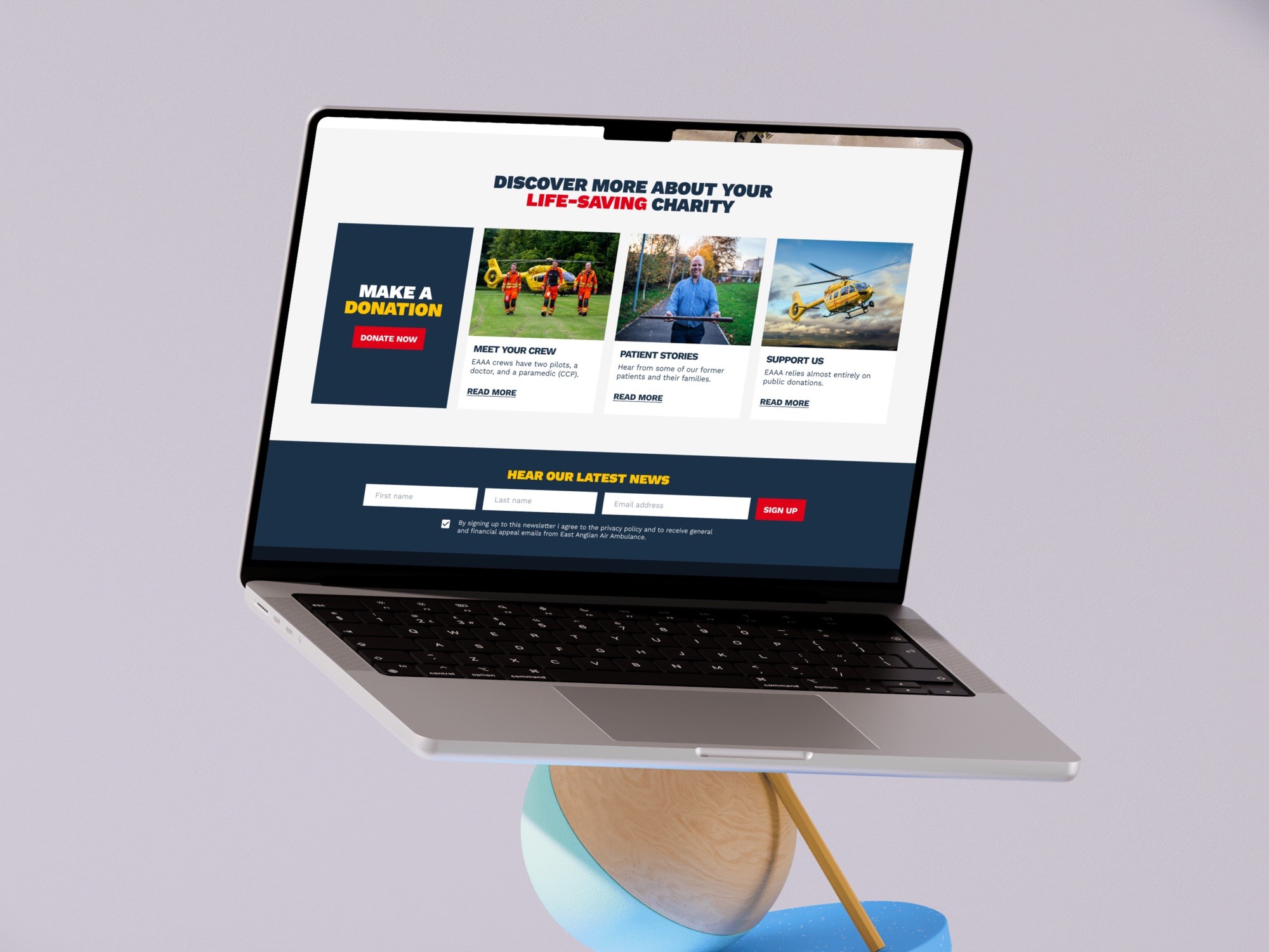 Discover more section with a navy Make a donation tile and a red donate button