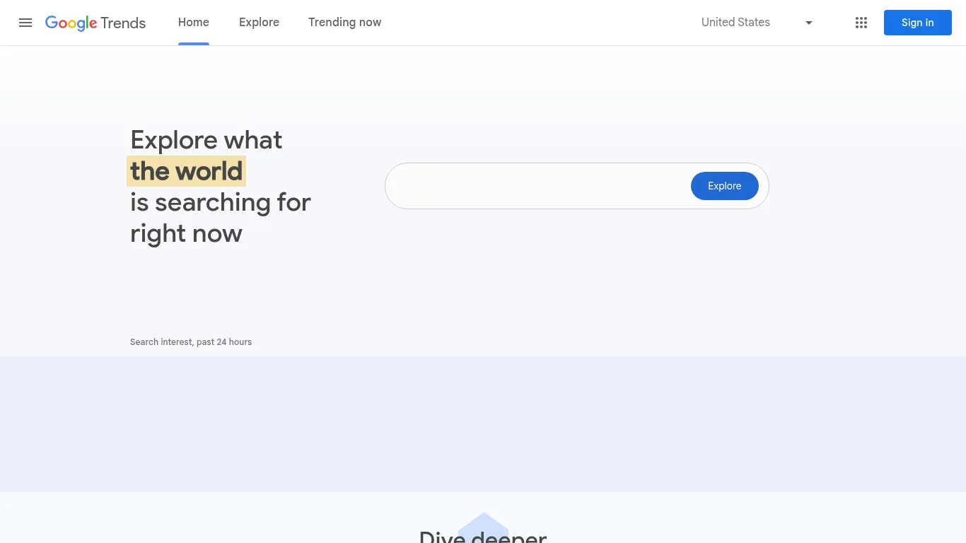 Page d’accueil Google Trends - aperçu des tendances de recherche