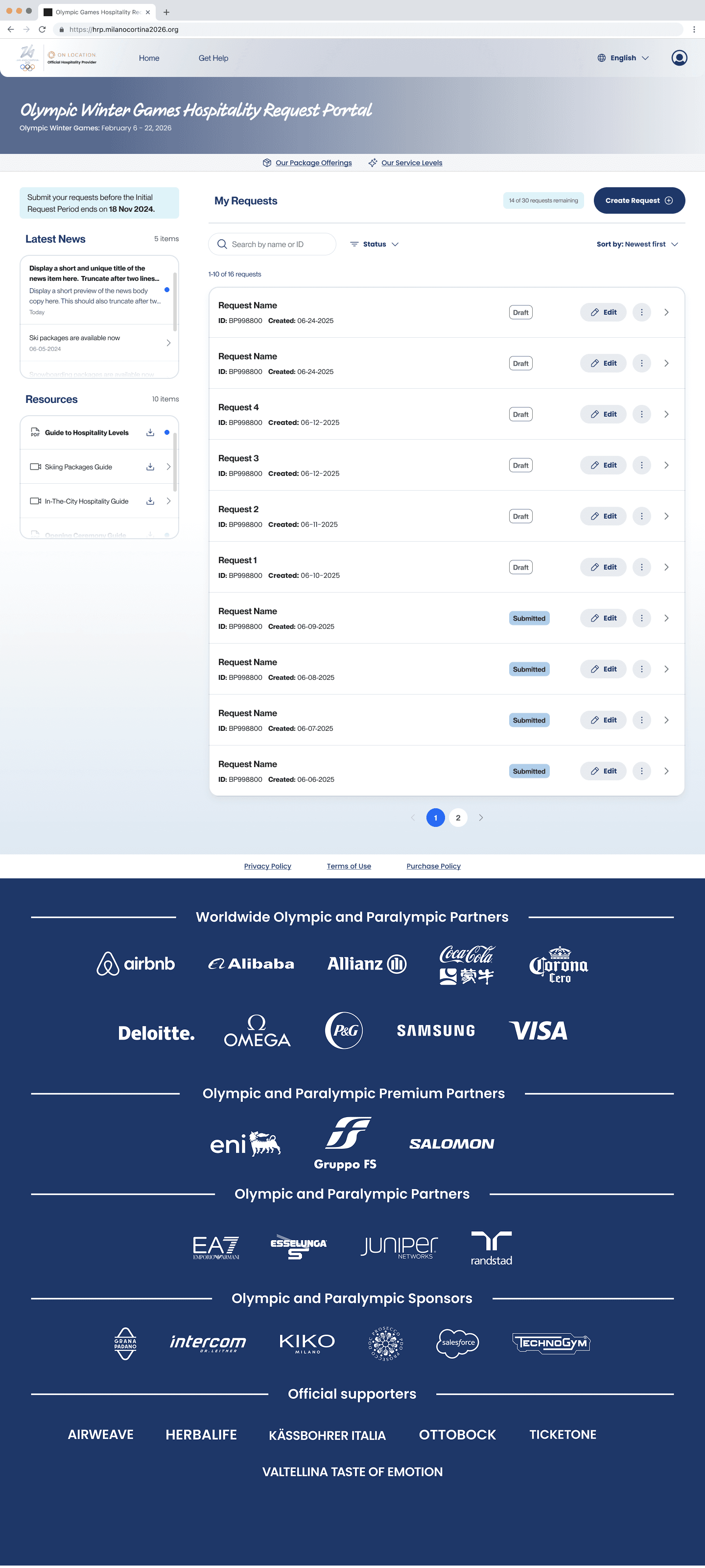 Screenshot of hospitality request portal homepage