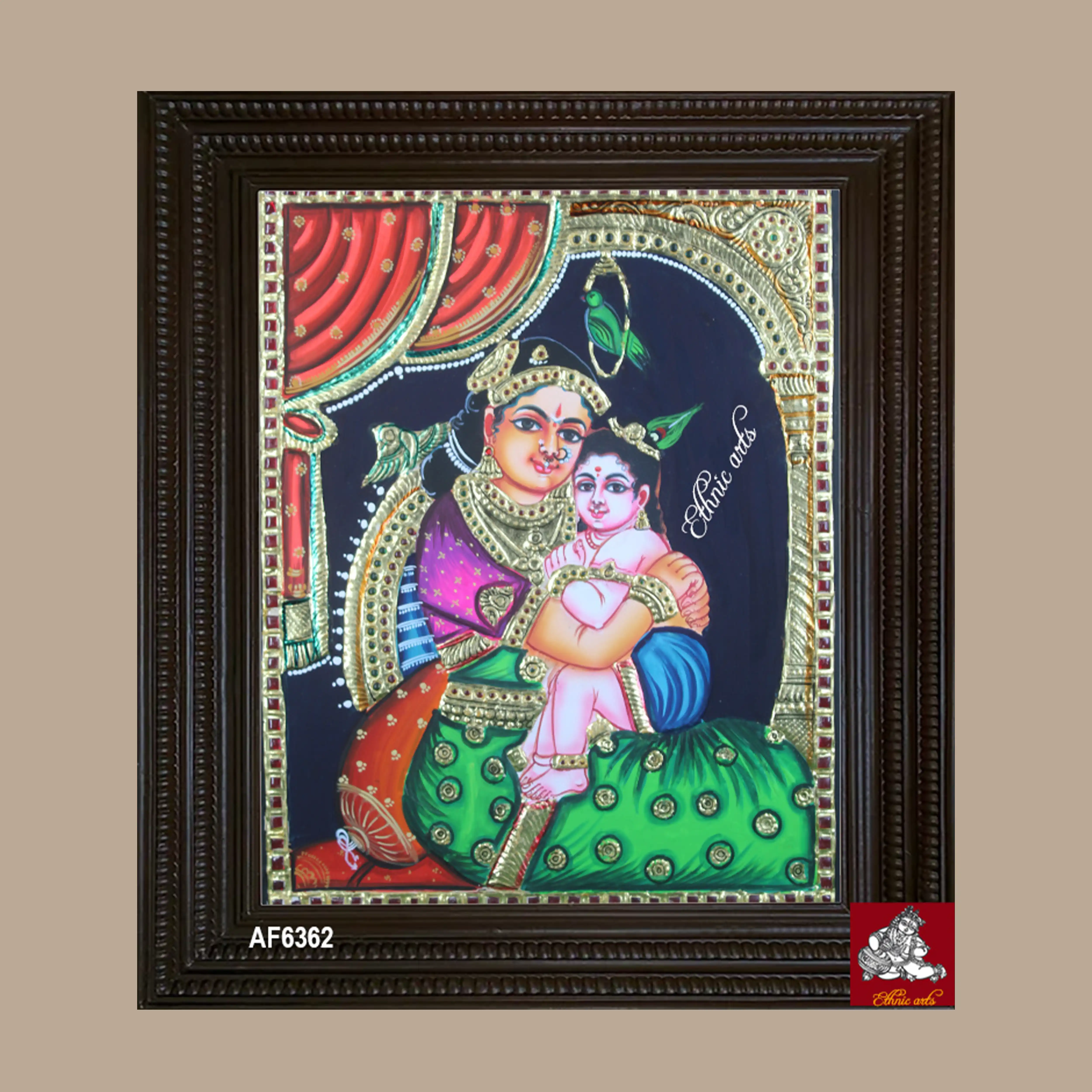 Tanjore painting of Yashoda with baby Krishna