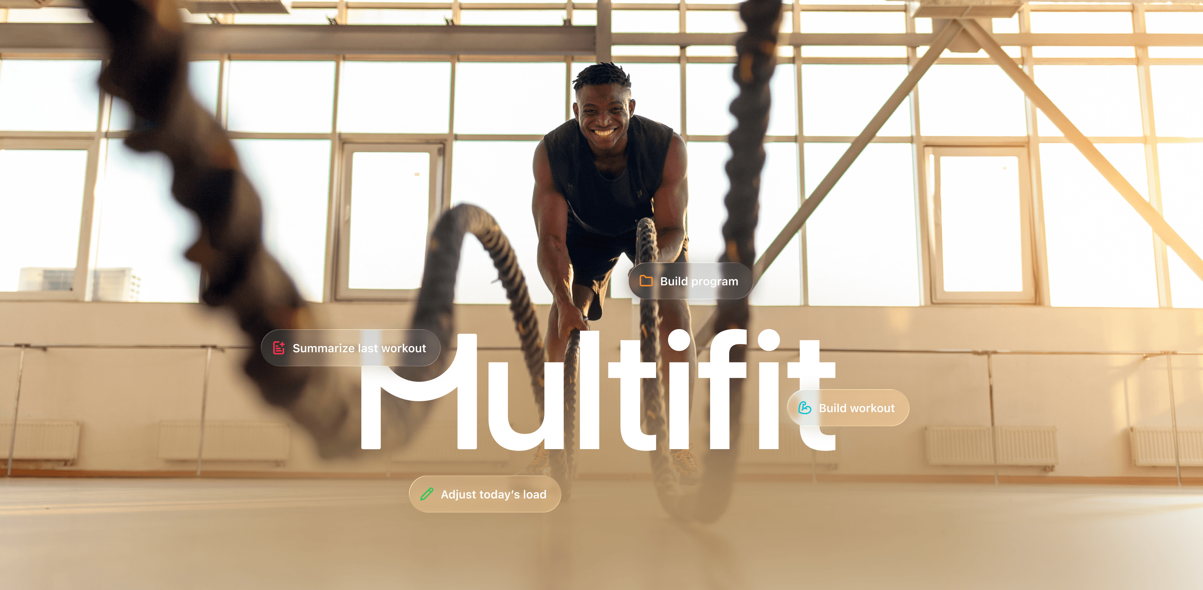 A person performs a fitness exercise in a gym setting, with "Multfit" displayed prominently.