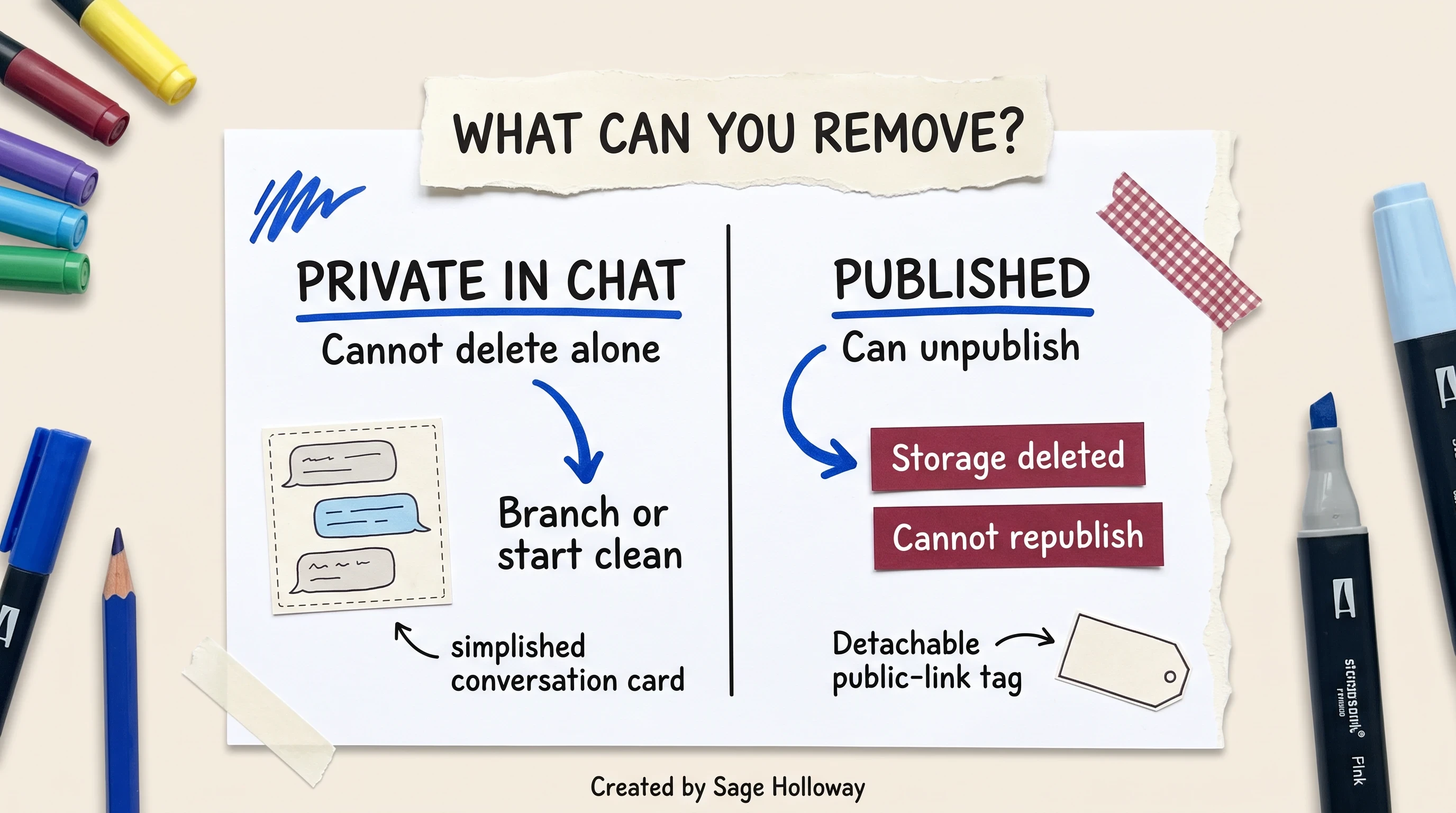 Diagram showing that a private Claude artifact cannot be deleted alone while a published artifact can be unpublished