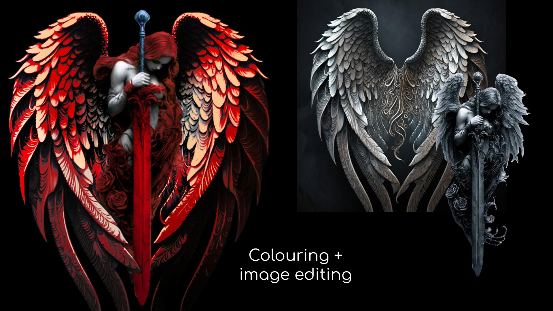 Comparison between a colored tattoo and original version of an angel image