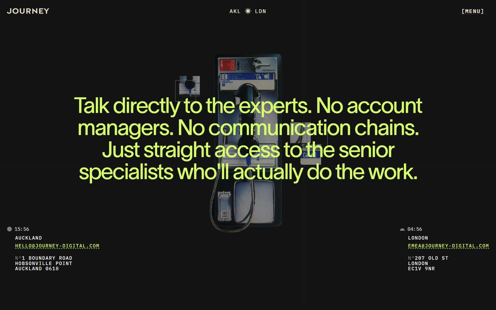 Retro computer interface with neon green text: "Talk directly to the experts..." Contact details at bottom corners.