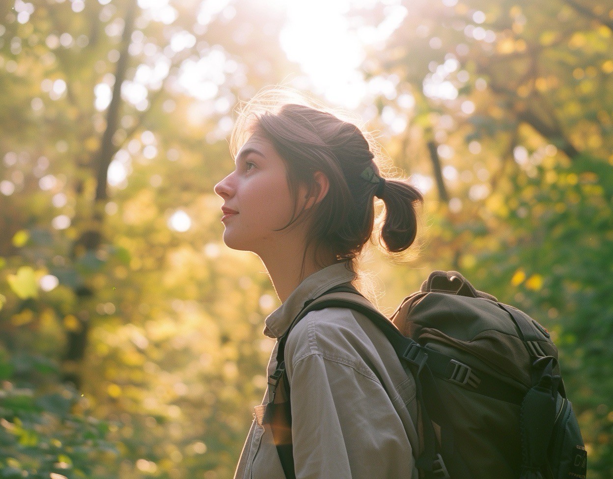 woman rucking in the woods