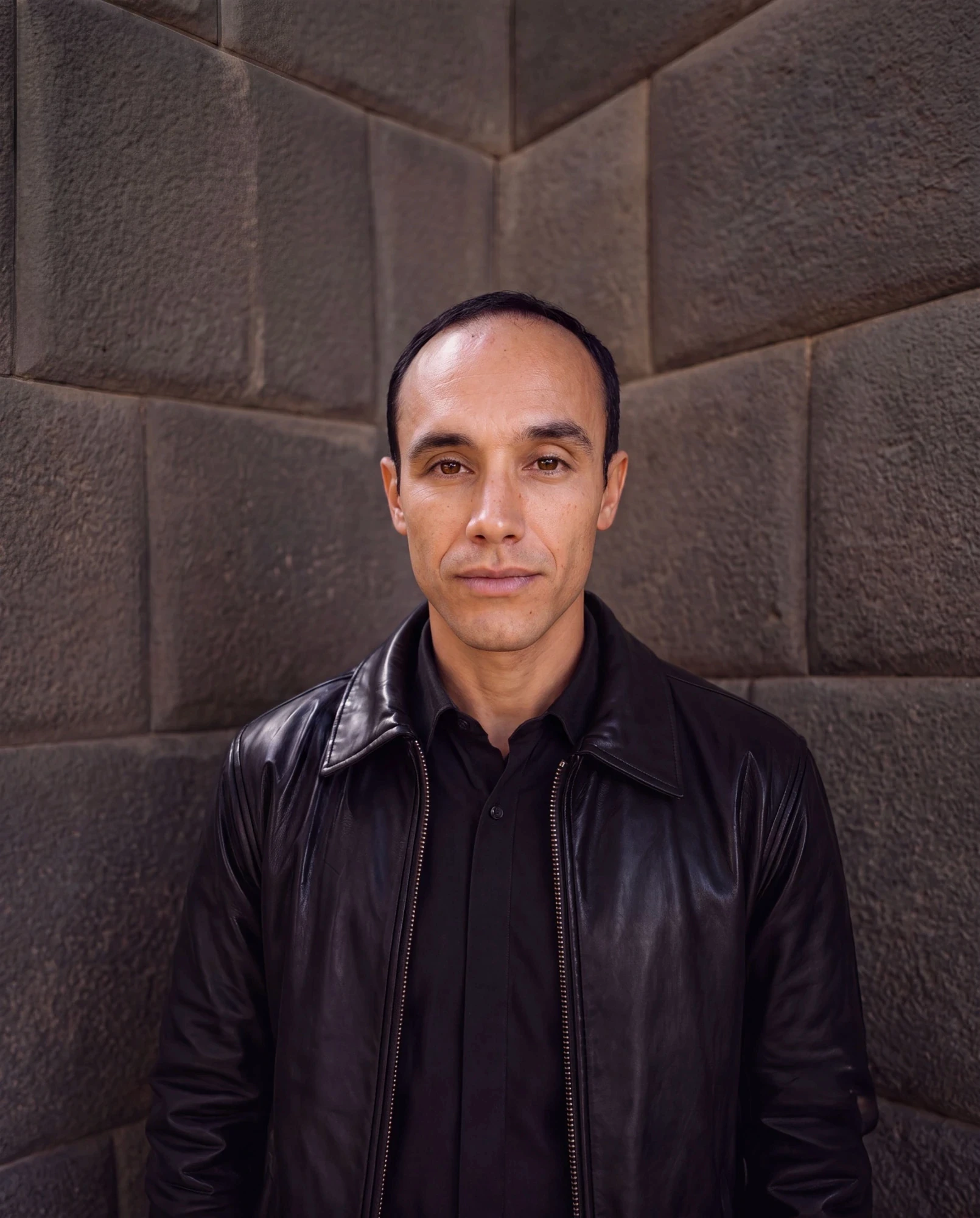 Renato, founder of QWTKA, standing in front of precisely fitted Inca stonework.