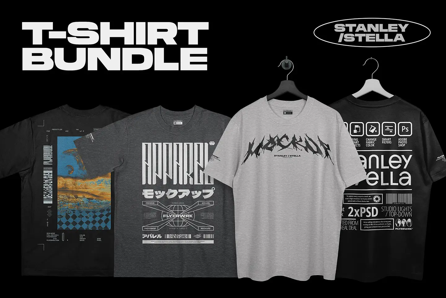 Stanley Stella Freestyler T-Shirt Mockup bundle preview showing multiple apparel design examples
