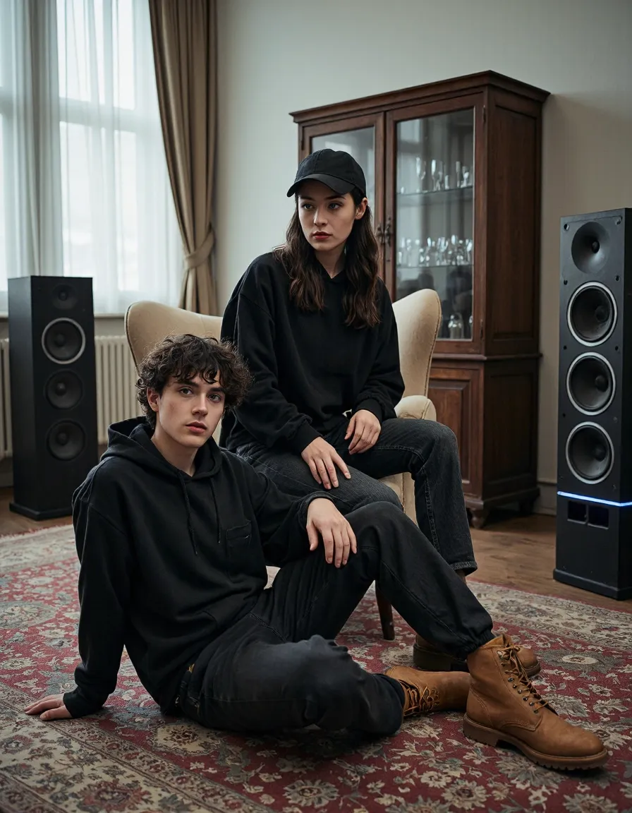Two models in black streetwear posing in vintage interior with speakers and display cabinet
