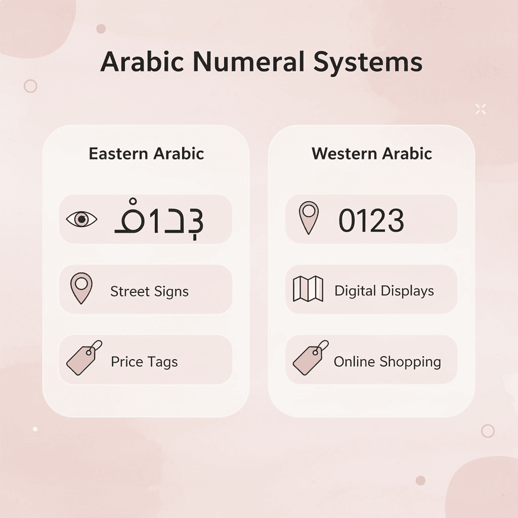 Comparison of Eastern Arabic numerals versus Western Arabic numerals in different contexts