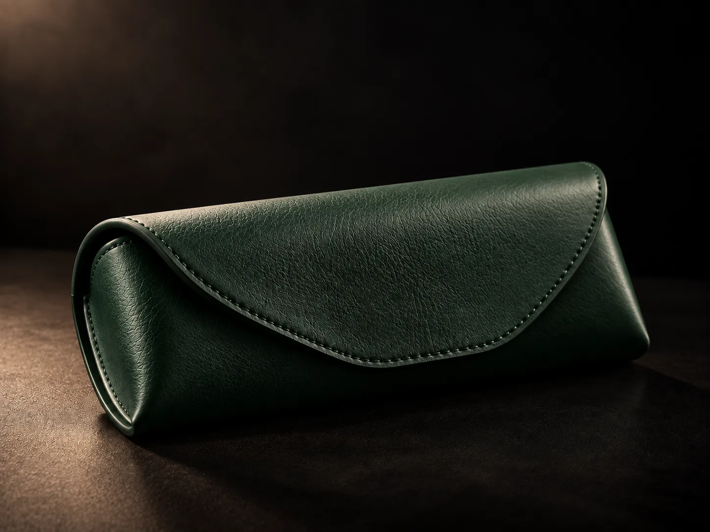 Astuccio per occhiali IDIA in pelle verde scuro, realizzato con una forma compatta ed elegante e fotografato su fondo nero. L’astuccio completa l’esperienza degli occhiali artigianali su misura IDIA di Ottica Dentella ad Ancona e rappresenta un ulteriore elemento attraverso cui materiali, colori e dettagli possono essere coordinati al progetto personale.